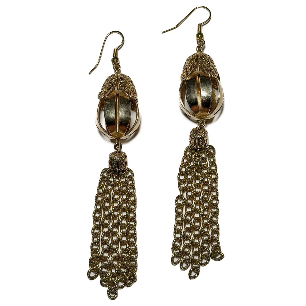 Vintage Gold Tone Filigree Cage Chain Tassel Dangle Statement Earrings